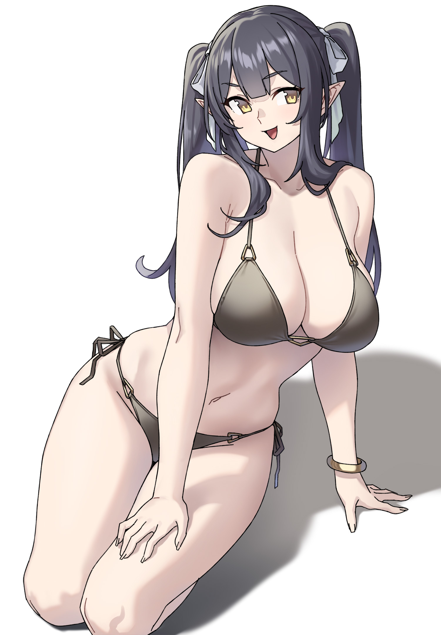 houtengeki, elf (houtengeki), highres, 1girl, bare arms, bare shoulders, bikini, black bikini, black hair, bow, bracelet, breasts, cleavage, collarbone, elf, hair bow, jewelry, large breasts, long hair, navel, open mouth, pointy ears, shadow, simple background, smile, solo, swimsuit, thighs, white background, yellow eyes
