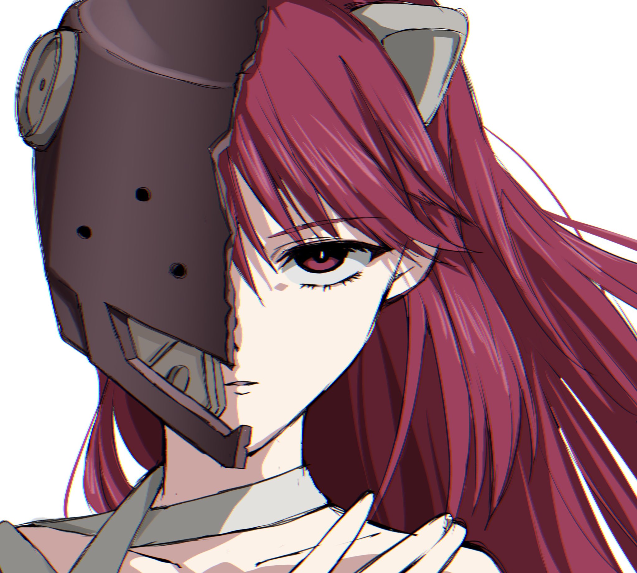 poyadevil, lucy (elfen lied), elfen lied, highres, 1girl, bandages, half mask, horns, looking at viewer, mask, pink eyes, pink hair, simple background, sketch, solo, upper body, white background