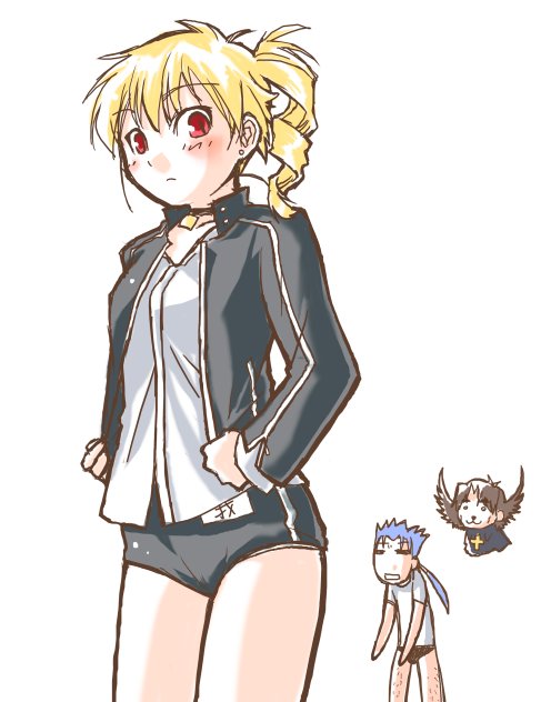 mozu (piyo), cu chulainn (fate), cu chulainn (fate/stay night), gilgamesh-ko, gilgamesh (fate), gilgamesh (immoral biker jacket) (fate), kotomine kirei, fate/stay night, fate (series), gender request, 00s, 1girl, 2boys, adapted costume, blonde hair, blush, buruma, choker, cross, drill hair, genderswap, latin cross, multiple boys, official alternate costume, red eyes, shirt, white shirt