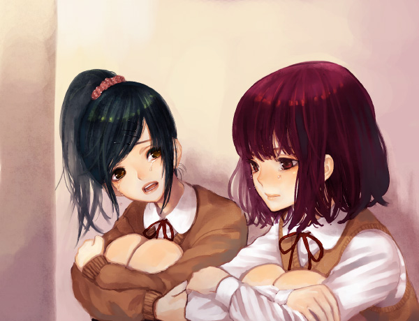 maca, bad id, bad pixiv id, 2girls, hugging own legs, knees to chest, multiple girls, ponytail, red hair, school uniform, serafuku, short hair, tears