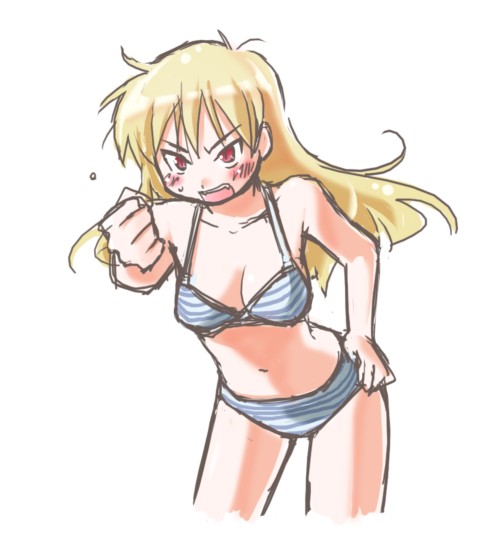 mozu (piyo), gilgamesh-ko, gilgamesh (fate), fate/stay night, fate (series), gender request, 00s, 1girl, angry, blonde hair, blush, bra, clenched hand, female focus, genderswap, lingerie, panties, red eyes, solo, striped bra, striped clothes, striped panties, underwear, underwear only