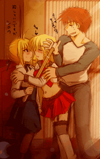artoria pendragon (fate), emiya shirou, gilgamesh-ko, gilgamesh (fate), saber (fate), fate/stay night, fate (series), gender request, translated, 00s, 1boy, 2girls, blonde hair, blush, drill hair, garter belt, garter straps, genderswap, midriff, multiple girls, official alternate costume, pantyhose, raglan sleeves, skirt, thighhighs, zettai ryouiki