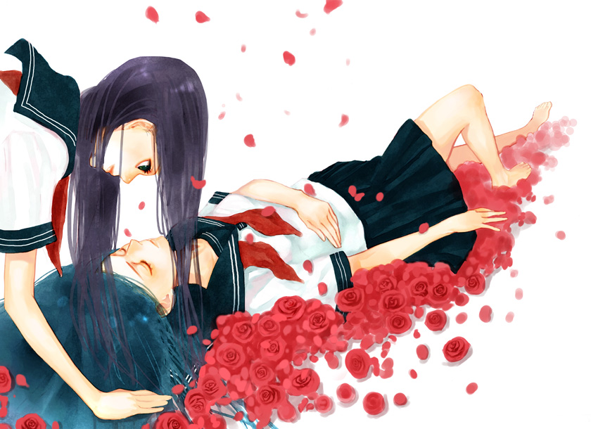 maca, bad id, bad pixiv id, 2girls, barefoot, closed eyes, flower, long hair, lying, multiple girls, petals, rose, school uniform, serafuku, skirt, sleeping