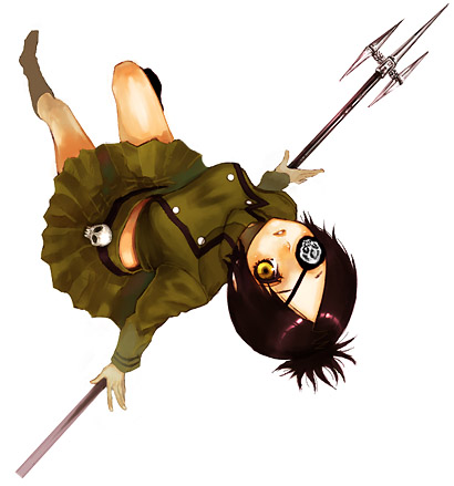 maca, chrome dokuro, katekyo hitman reborn!, bad id, bad pixiv id, lowres, 00s, 1girl, black hair, eyepatch, female focus, full body, polearm, short hair, simple background, skirt, solo, spear, weapon, white background, yellow eyes