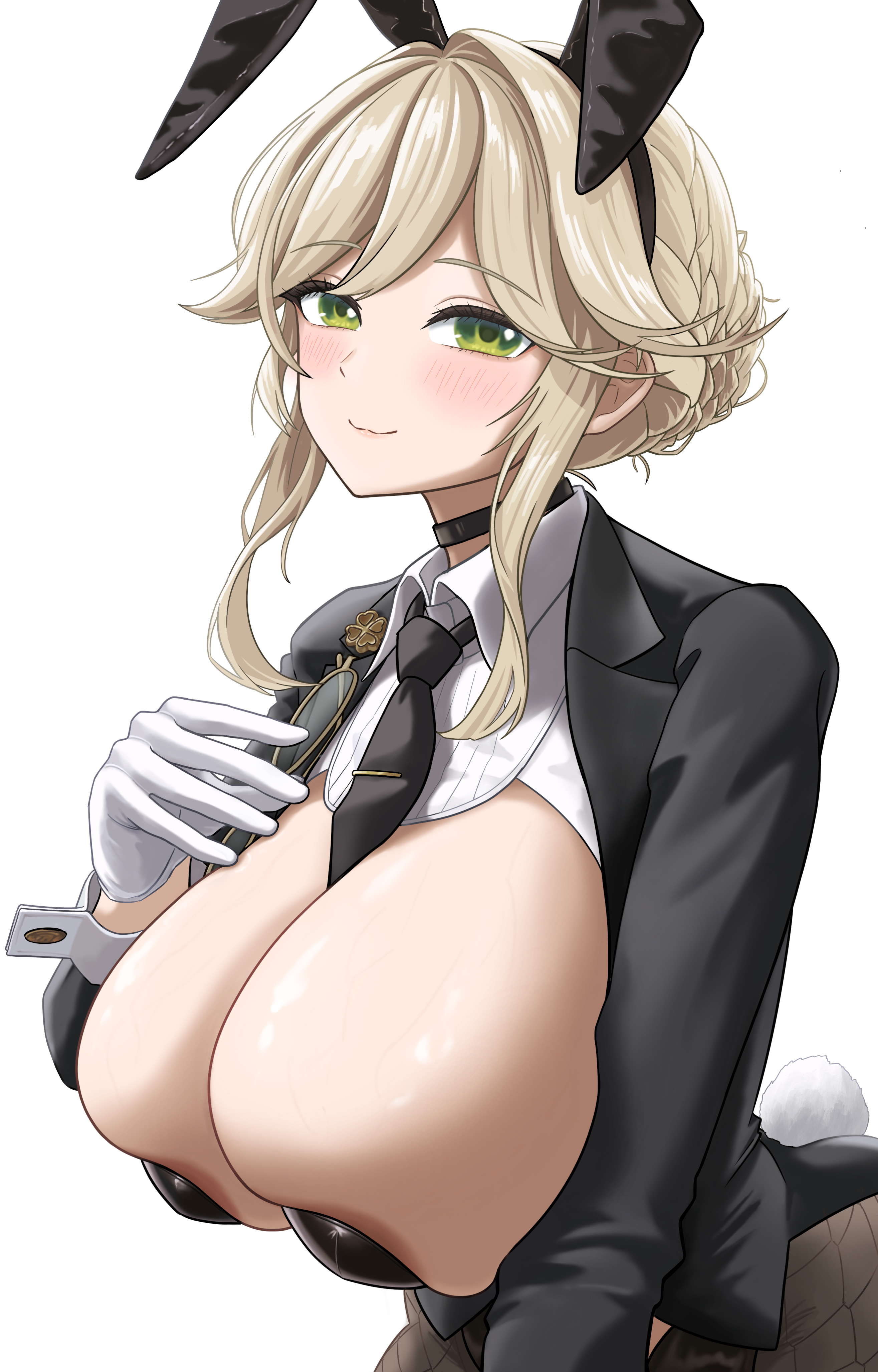 ade (agent bunny) (nikke), ade (nikke), goddess of victory: nikke, absurdres, commentary request, highres, 1girl, animal ear hairband, animal ears, areola slip, between breasts, black choker, black jacket, black leotard, black necktie, black pantyhose, blonde hair, blush, braid, breasts, bun with braided base, choker, cleavage, closed mouth, cowboy shot, detached collar, fake animal ears, fake tail, fishnet pantyhose, fishnets, glasses, gloves, green eyes, hair between eyes, hair bun, hairband, hand up, jacket, large breasts, leotard, long sleeves, looking at viewer, necktie, necktie between breasts, official alternate costume, pantyhose, playboy bunny, rabbit ear hairband, rabbit ears, rabbit tail, sidelocks, simple background, single hair bun, smile, solo, standing, tail, undersized breast cup, unworn eyewear, white background, wiwiwi x