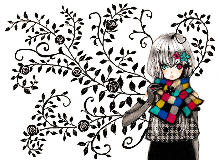 maca, original, bad id, bad pixiv id, 1girl, elbow gloves, female focus, floral background, gloves, grey hair, heterochromia, multicolored scarf, scarf, short hair, solo