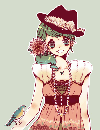 maca, bad id, bad pixiv id, lowres, 1girl, :3, animal on arm, bird, bird on arm, crazy eyes, female focus, green hair, hat, long hair, smile, solo