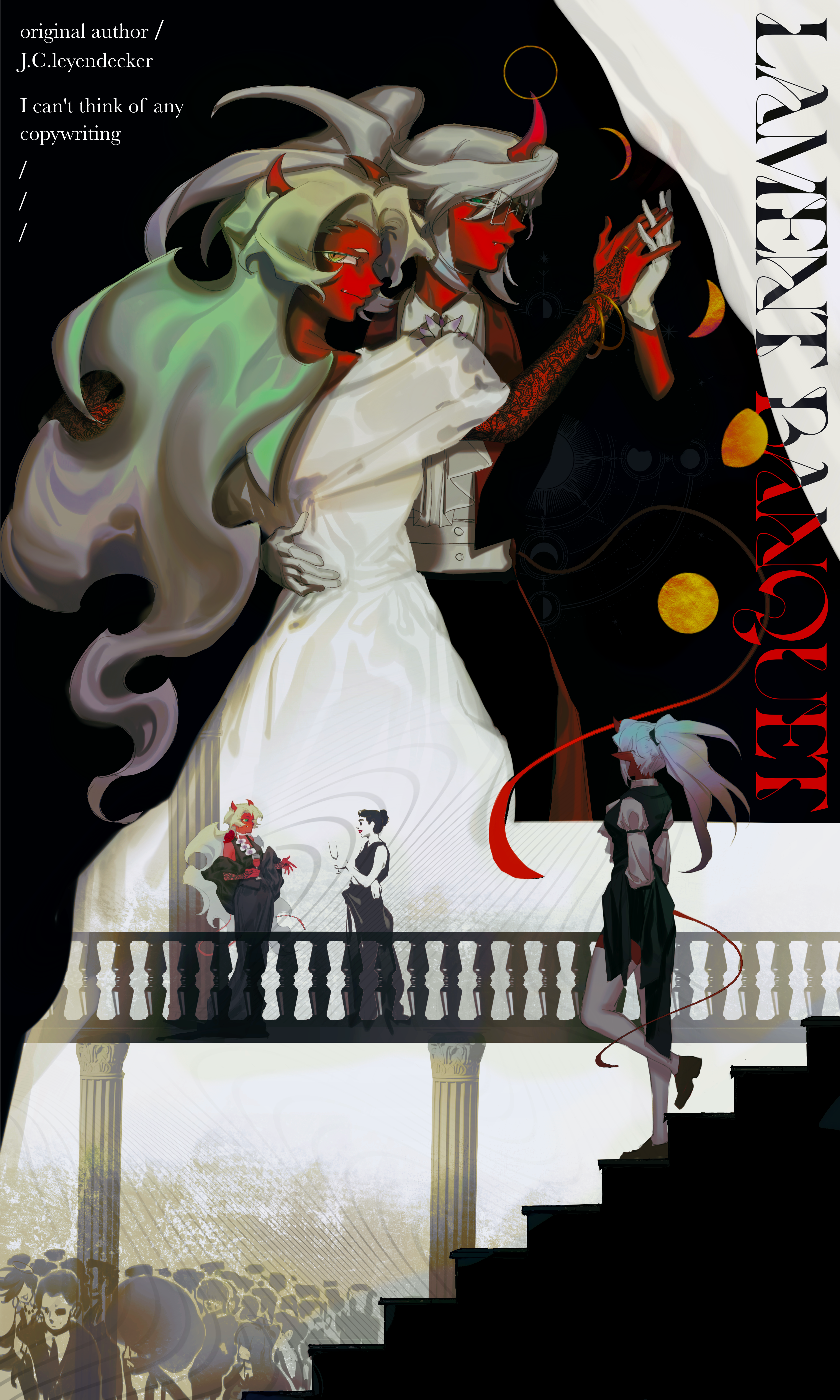 kneesocks (psg), scanty (psg), panty & stocking with garterbelt, absurdres, highres, 3girls, black dress, blue hair, colored skin, crowd, demon girl, demon horns, dress, fine art parody, green hair, horns, j. c. leyendecker (style), long hair, multiple girls, parody, red skin, xinjinjumin5687581