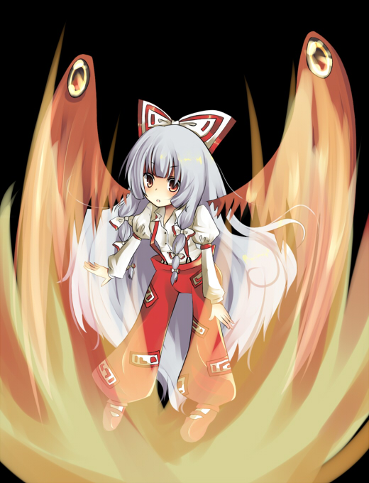 umi (umi02), fujiwara no mokou, touhou, bad id, bad pixiv id, 1girl, black background, female focus, fire, long hair, ribbon, solo, standing, wings