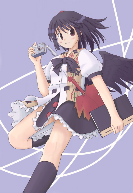 nabetomo, shameimaru aya, touhou, 1girl, black wings, book, camera, female focus, hat, looking at viewer, solo, wings