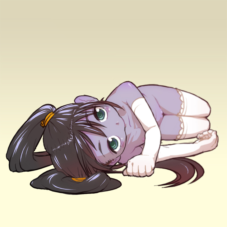 nozo, nozo (abikoshi), koone peenemunde, hakaima sadamitsu, bad id, bad pixiv id, inactive account, 00s, 1girl, black hair, blue eyes, cleft of venus, colored skin, elbow gloves, female focus, flat chest, gloves, green eyes, loli, long hair, lying, nipples, on side, purple skin, pussy, solo, thighhighs, twintails