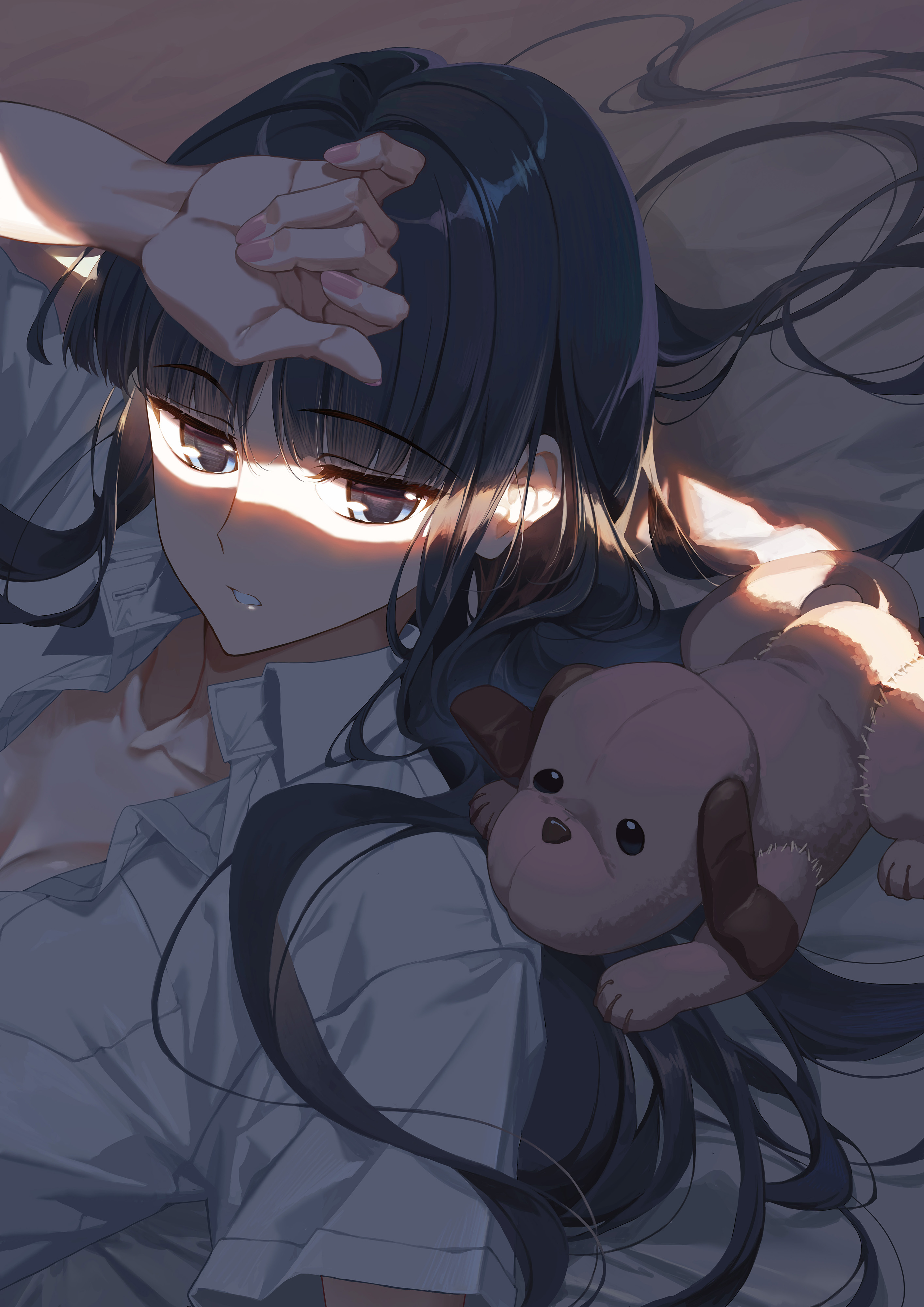 cheese kang, touma kazusa, white album (series), white album 2, absurdres, highres, 1girl, black hair, blue eyes, blunt bangs, breasts, cleavage, collarbone, collared shirt, dark, head on pillow, indoors, long hair, looking to the side, on bed, pillow, shirt, solo, stuffed animal, stuffed dog, stuffed toy, sunlight, upper body, white shirt, wing collar