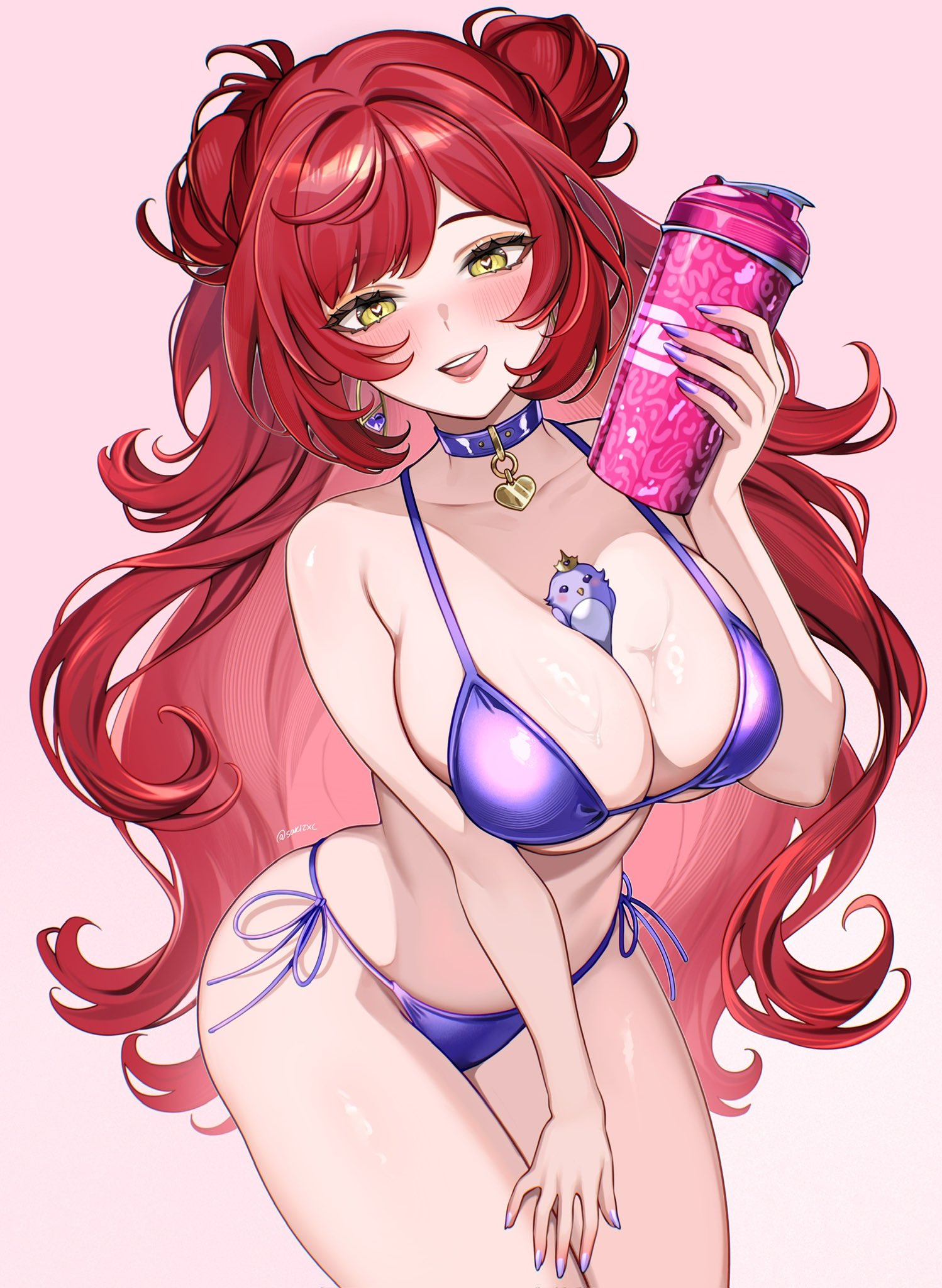 sakichka, elle (vtuber), gamer supps, indie virtual youtuber, highres, 1girl, between breasts, bikini, breasts, cleavage, collar, collarbone, cup, earrings, heart, heart earrings, heart in eye, holding, holding cup, hoop earrings, jewelry, large breasts, lips, long hair, purple bikini, purple collar, purple nails, red hair, side-tie bikini bottom, swimsuit, symbol in eye, tongue, tongue out, twitter username, virtual youtuber, yellow eyes