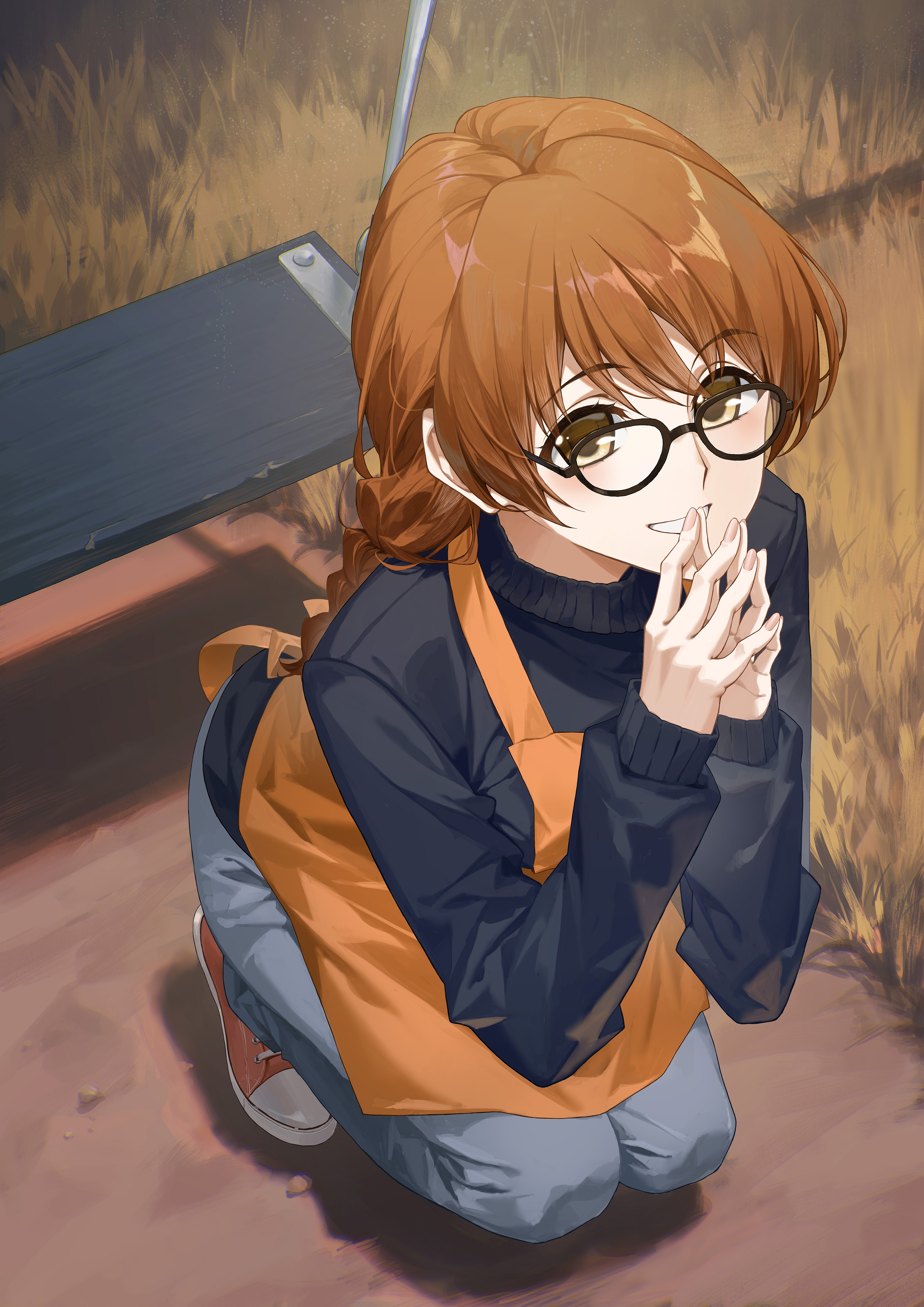cheese kang, ogiso setsuna, white album (series), white album 2, absurdres, highres, 1girl, apron, black-framed eyewear, braid, brown hair, full body, glasses, grass, grey pants, grin, long hair, looking at viewer, orange apron, outdoors, pants, smile, solo, squatting, steepled fingers, swing, turtleneck, yellow eyes