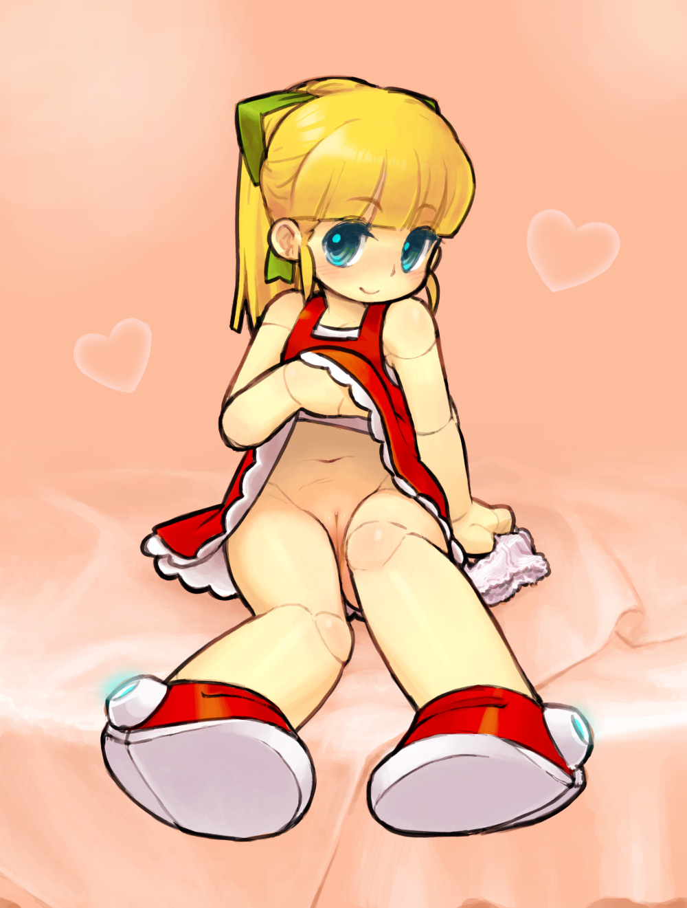 nozo, nozo (abikoshi), roll (mega man), capcom, mega man (classic), mega man (series), bad id, bad pixiv id, highres, inactive account, 00s, 1girl, blonde hair, blue eyes, cleft of venus, clothes lift, doll joints, female focus, heart, holding, holding panties, holding underwear, holding unworn clothes, joints, loli, long hair, no panties, panties, pussy, robot joints, sitting, skirt, skirt lift, smile, solo, uncensored, underwear, unworn panties