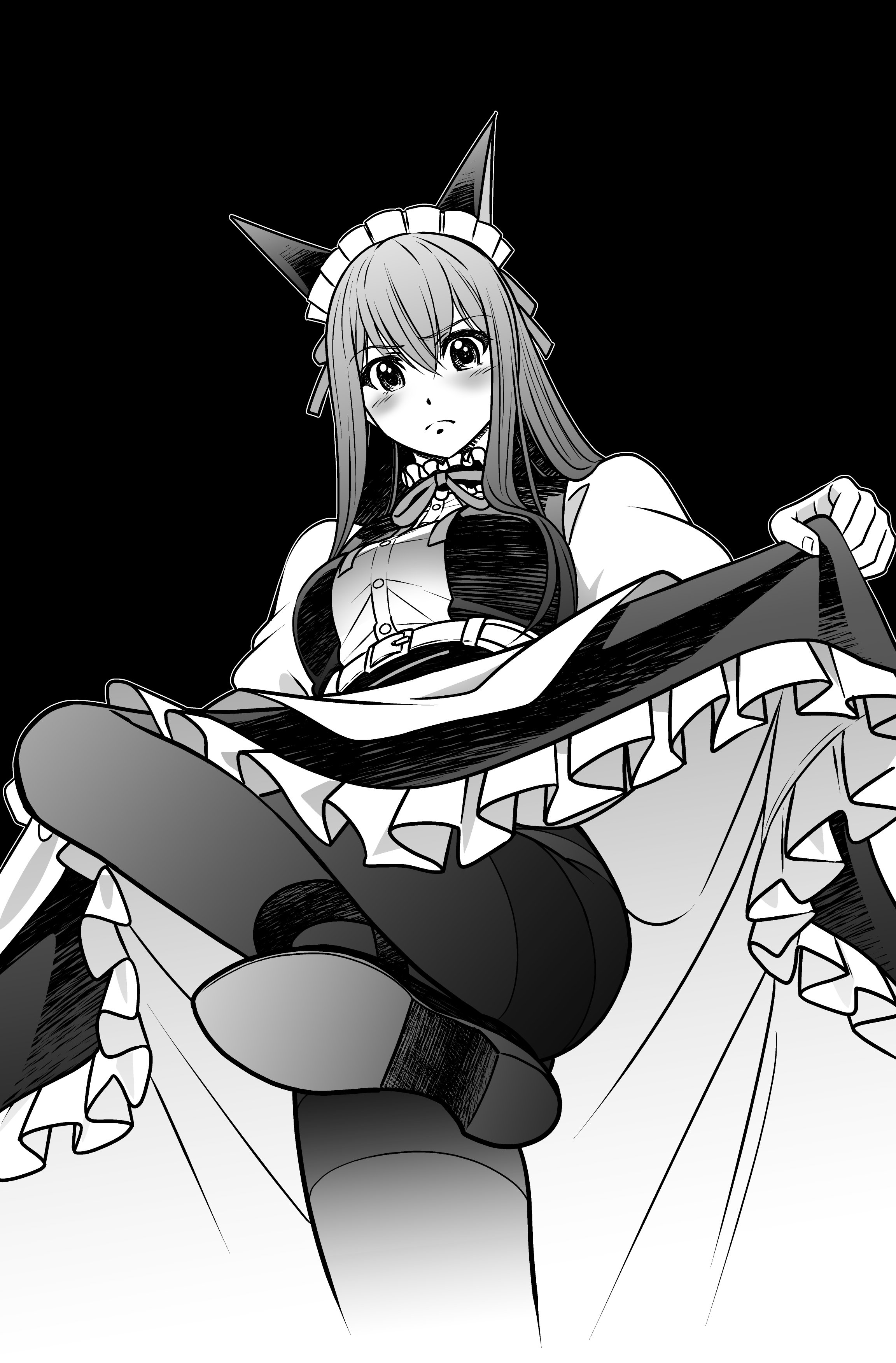 eibon, makise kurisu, science adventure, steins;gate, absurdres, highres, 1girl, alternate costume, animal ears, apron, blush, boots, breasts, cat ears, clothes lift, convenient censoring, dress, dress lift, embarrassed, enmaided, frills, frown, greyscale, high heel boots, high heels, long hair, looking at viewer, maid, maid apron, maid headdress, mayqueen maid uniform, monochrome, pantyhose, simple background, skirt, skirt lift, solo, tongue, waist apron