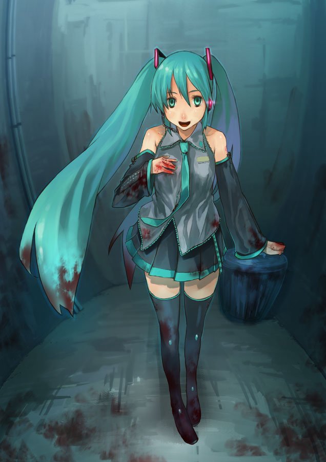 houru, hatsune miku, vocaloid, blood, blue hair, detached sleeves, long hair, necktie, thighhighs, twintails
