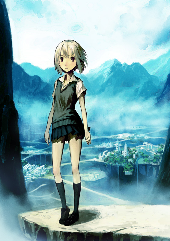houru, original, cloud, day, flat chest, mountain, scenery, school uniform, serafuku, short hair, skirt, sky, solo, standing, white hair