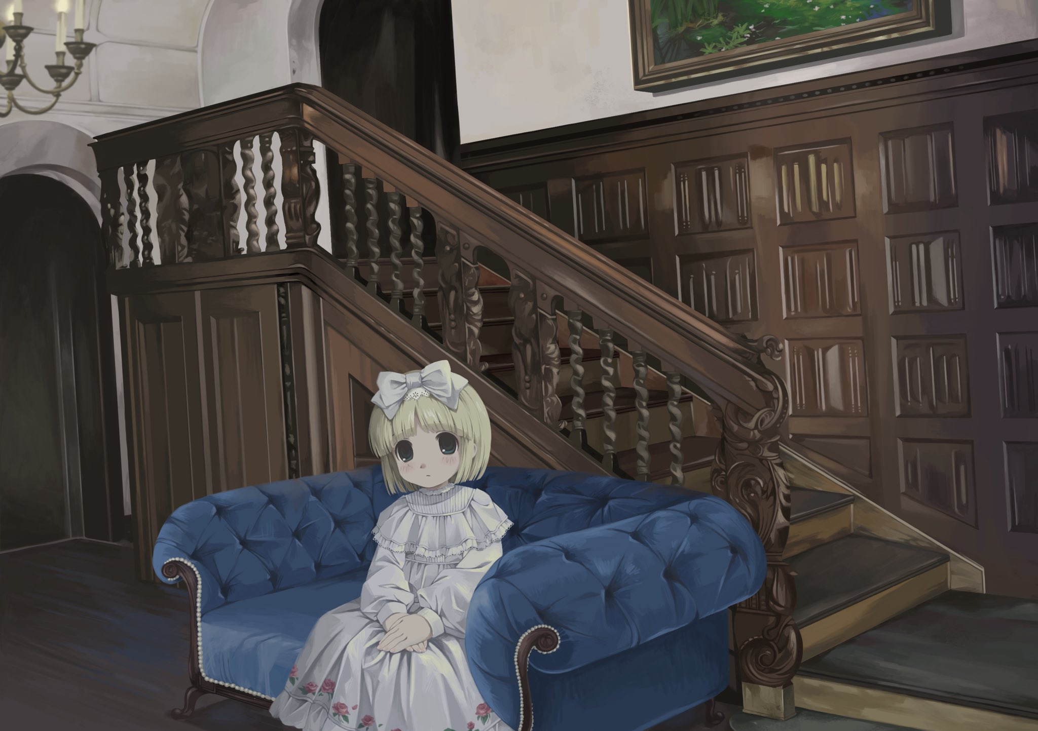 nekotan (necotqn), original, highres, 1girl, architecture, blonde hair, bow, brown eyes, chandelier, closed mouth, couch, dress, expressionless, frilled dress, frills, hair bow, indoors, long sleeves, looking at viewer, on couch, own hands together, short hair, solo, stairs, white dress, wooden floor