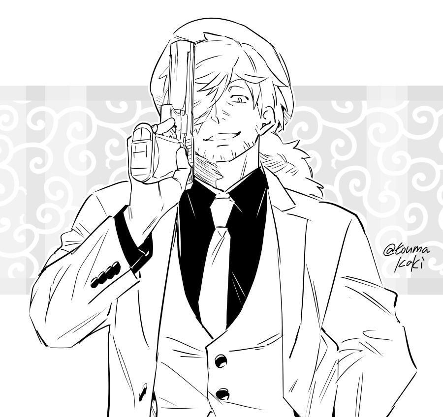 dasshu (dashi now), inugami kohachi, kemono jihen, 1boy, collared shirt, fedora, greyscale, hair over one eye, hat, jacket, long hair, looking at viewer, male focus, mature male, monochrome, necktie, ponytail, shirt, solo, sparse stubble, upper body, vest