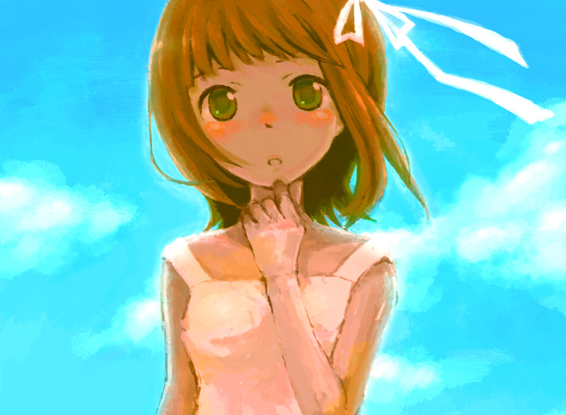 nogoodlife, amami haruka, idolmaster, idolmaster (classic), idolmaster 1, 00s, blush, brown hair, camisole, day, green eyes, short hair, sky, solo