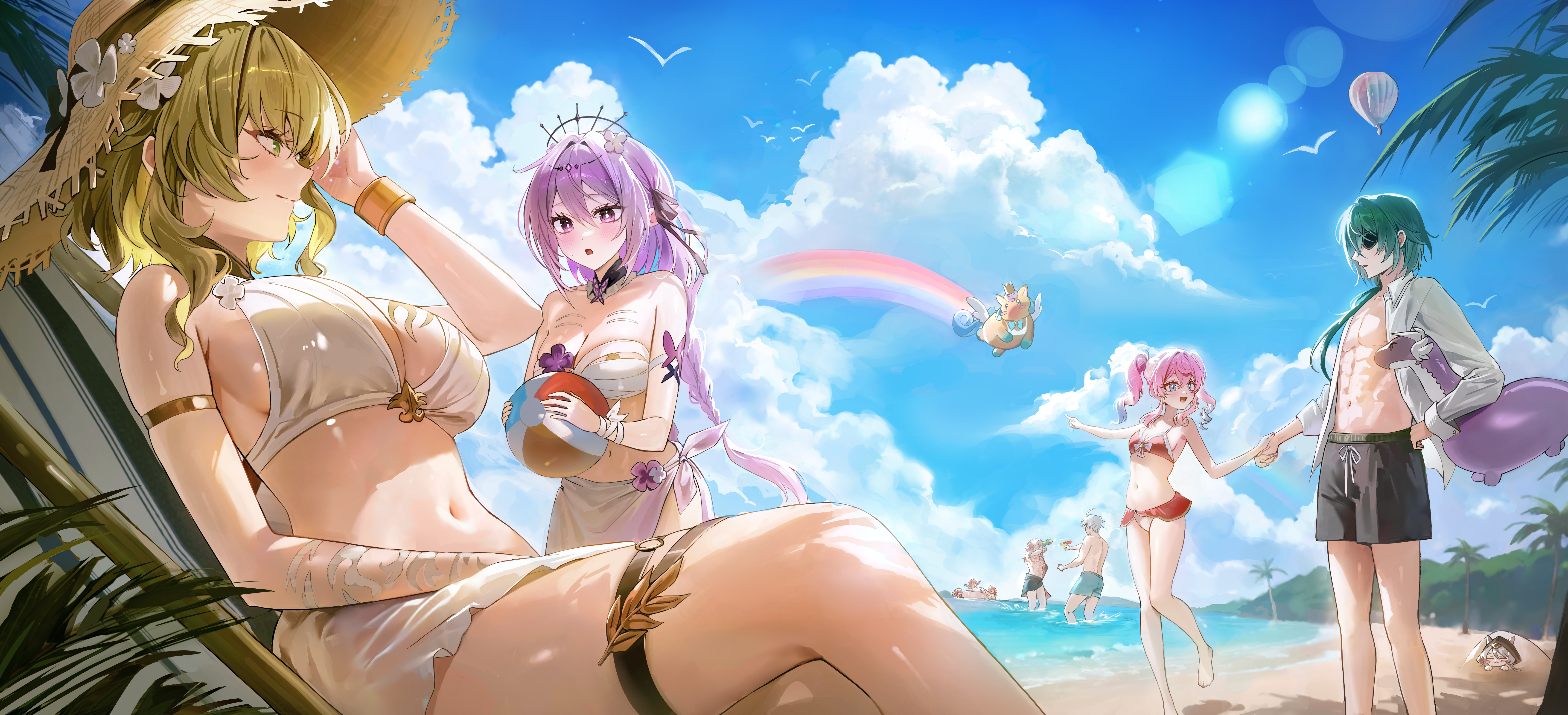 pibag, aglaea (honkai: star rail), anaxa (honkai: star rail), castorice (honkai: star rail), cipher (honkai: star rail), hyacine (honkai: star rail), little ica (honkai: star rail), mydei (honkai: star rail), phainon (honkai: star rail), tribbie (honkai: star rail), honkai: star rail, honkai (series), absurdres, commentary, english commentary, highres, 3boys, 6+girls, alternate costume, alternate hairstyle, armlet, armpit crease, ball, bare shoulders, beachball, bikini, black tiara, blonde hair, blue sky, blush, bracelet, breast tattoo, breasts, cleavage, closed mouth, day, flower, green eyes, hair between eyes, hair flower, hair ornament, hair ribbon, hand up, hat, holding, holding ball, holding beachball, jewelry, large breasts, long hair, looking at another, looking at viewer, low-braided long hair, low-tied long hair, medium hair, multiple boys, multiple girls, navel, open mouth, outdoors, purple eyes, purple hair, purple ribbon, ribbon, sarong, sideboob, sitting, skirt, sky, smile, stomach, straw hat, swimsuit, tattoo, thigh strap, tiara, white bikini, white sarong, white skirt