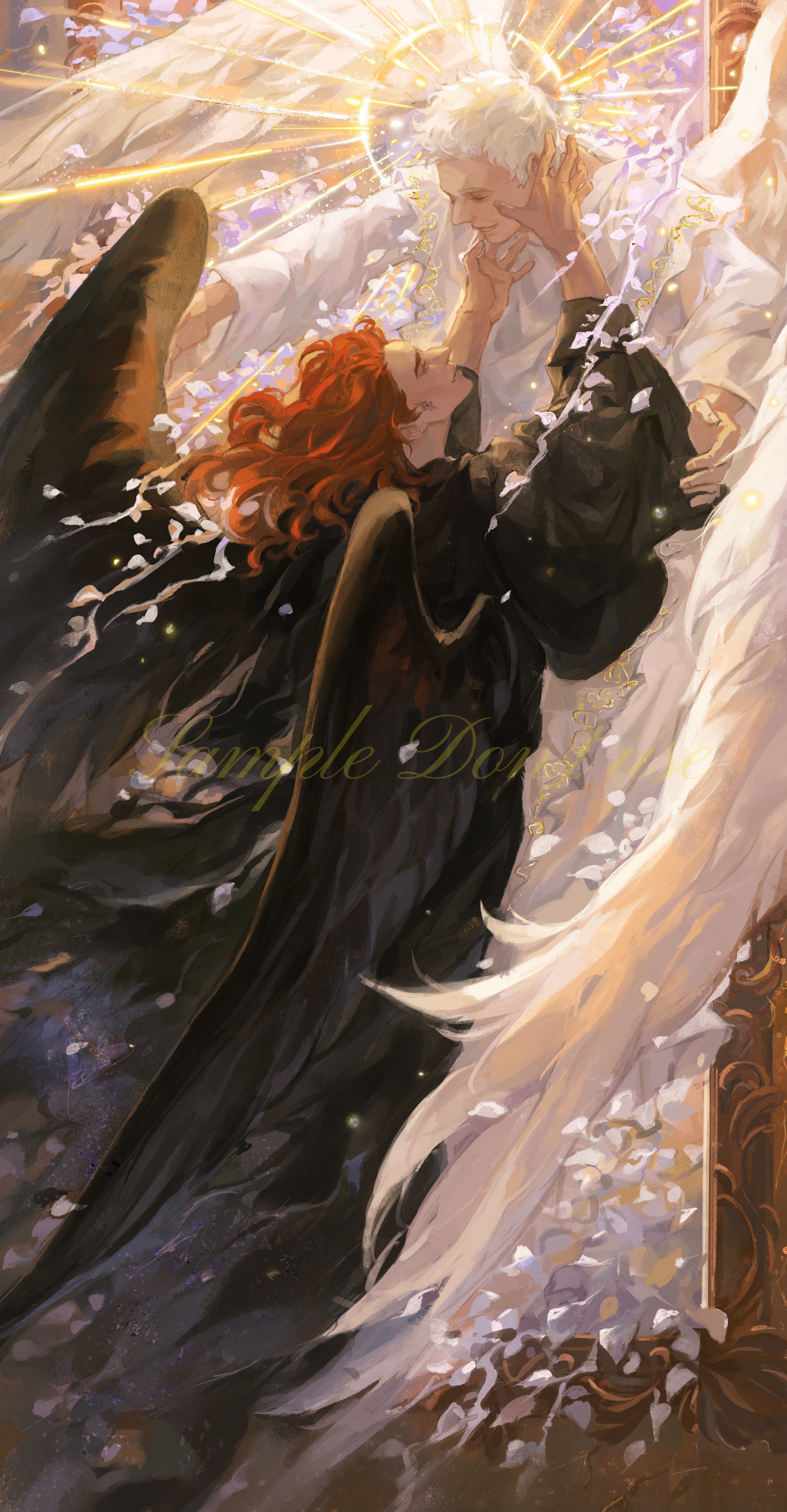 aziraphale (good omens), crowley (good omens), good omens, absurdres, highres, 2boys, angel, black robe, blue eyes, bushisetushimaomao, demon boy, looking at another, male focus, multiple boys, red hair, robe, white hair, yaoi, yellow eyes