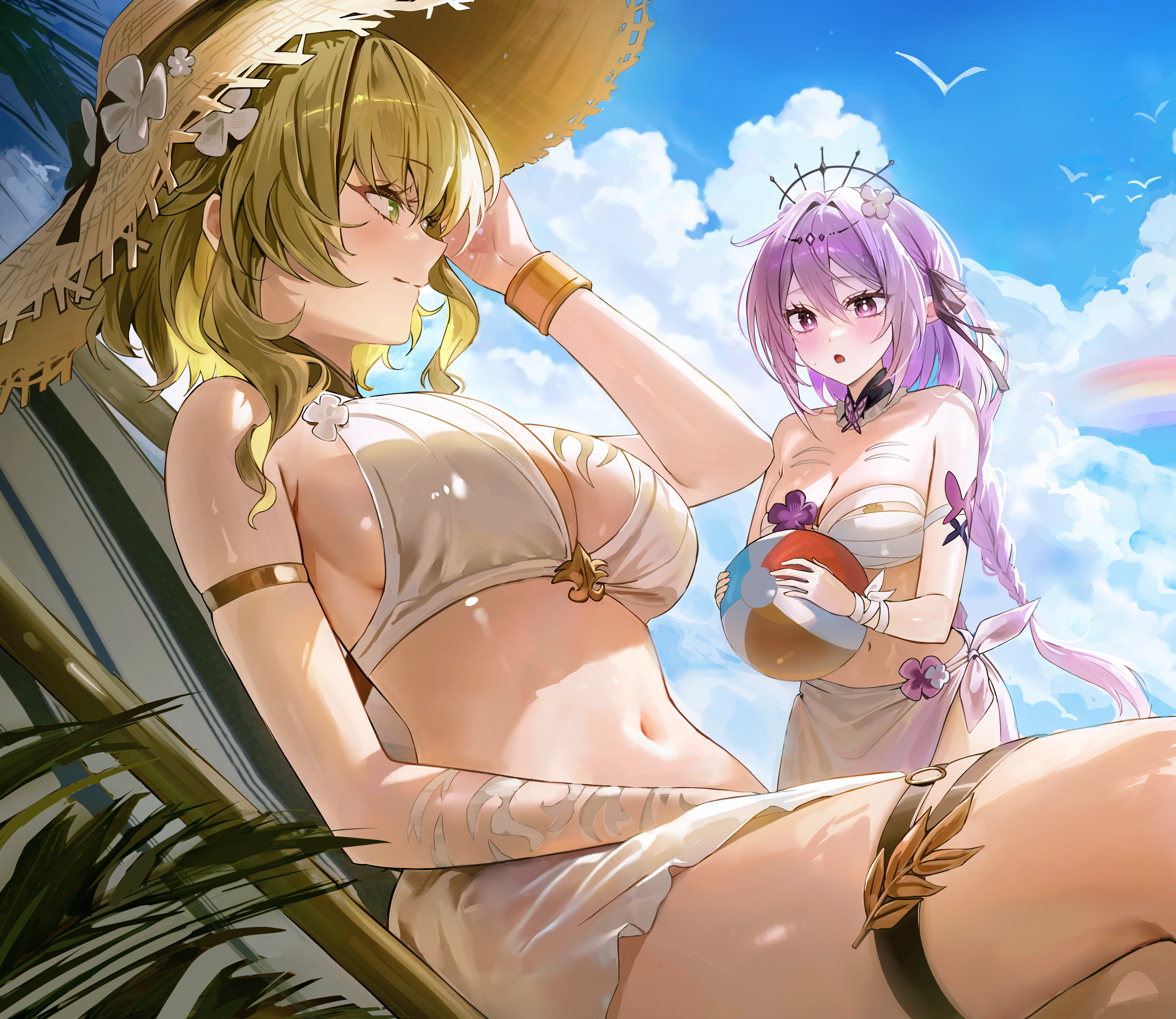 pibag, aglaea (honkai: star rail), castorice (honkai: star rail), honkai: star rail, honkai (series), absurdres, commentary, english commentary, highres, 2girls, alternate costume, alternate hairstyle, armlet, armpit crease, ball, bare shoulders, beachball, bikini, black tiara, blonde hair, blue sky, blush, bracelet, breast tattoo, breasts, cleavage, closed mouth, day, flower, green eyes, hair between eyes, hair flower, hair ornament, hair ribbon, hand up, hat, holding, holding ball, holding beachball, jewelry, large breasts, long hair, looking at another, looking at viewer, low-braided long hair, low-tied long hair, medium hair, multiple girls, navel, open mouth, outdoors, purple eyes, purple hair, purple ribbon, ribbon, sarong, sideboob, sitting, skirt, sky, smile, stomach, straw hat, swimsuit, tattoo, thigh strap, tiara, white bikini, white sarong, white skirt