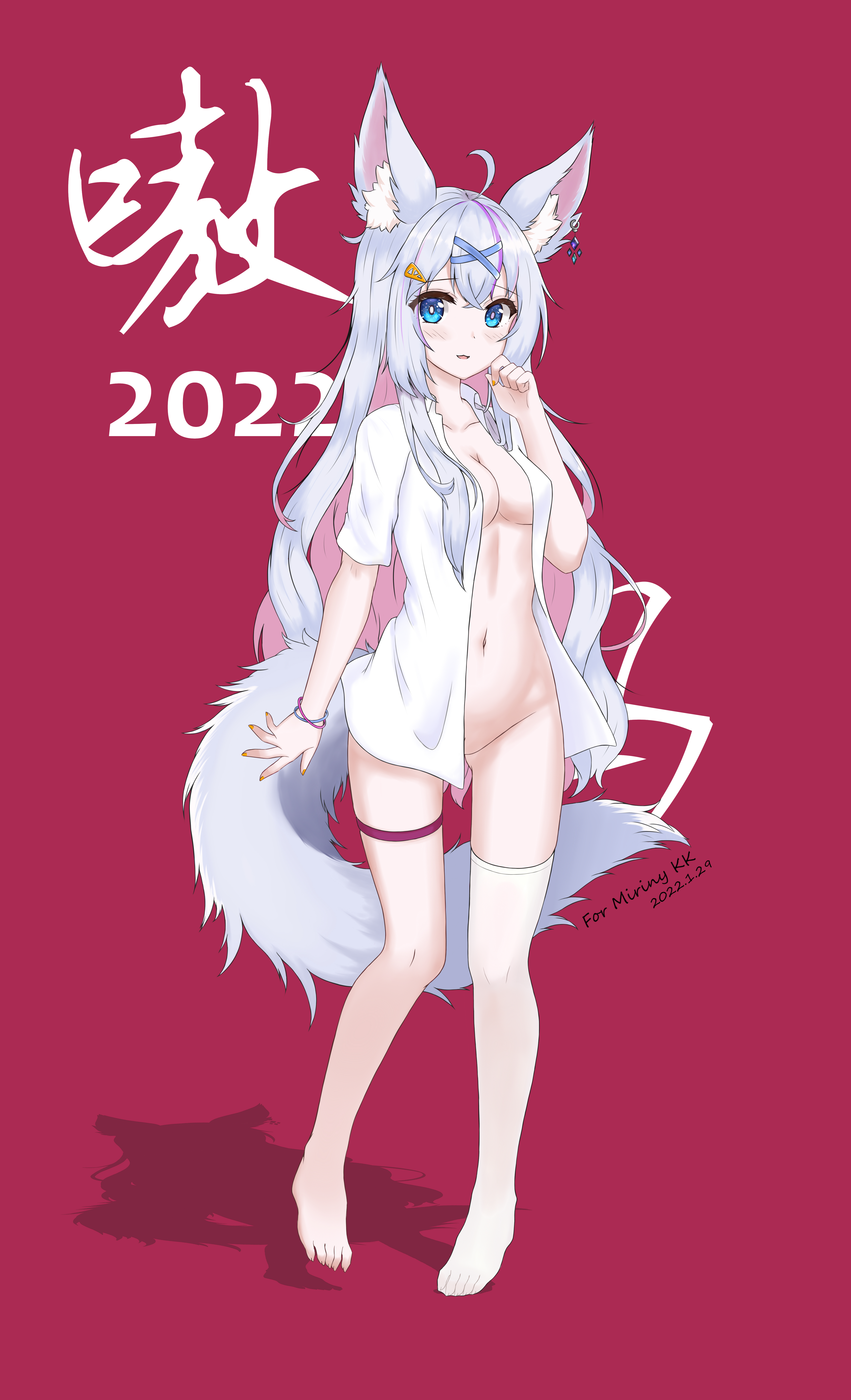 ze zhi ai, original, absurdres, highres, 1girl, animal ears, blue eyes, bottomless, bracelet, breasts, colored inner hair, earrings, full body, grey hair, hair ornament, jewelry, long hair, looking at viewer, medium breasts, multicolored hair, naked shirt, navel, open clothes, open shirt, pink hair, purple hair, pussy, pussy peek, shirt, short sleeves, single bare foot, single earring, single thighhigh, standing, stomach, streaked hair, thigh strap, thighhighs, white shirt, white thighhighs, wolf ears, wolf girl