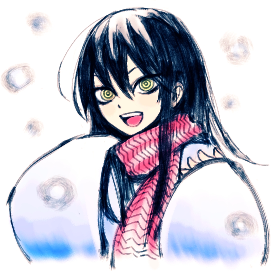 igarashi ran (igatz), igatz, tsurara oikawa, yuki onna (nurarihyon no mago), nurarihyon no mago, bad id, bad pixiv id, 1girl, black hair, crazy eyes, female focus, long hair, ringed eyes, scarf, smile, solo, yellow eyes, yuki onna