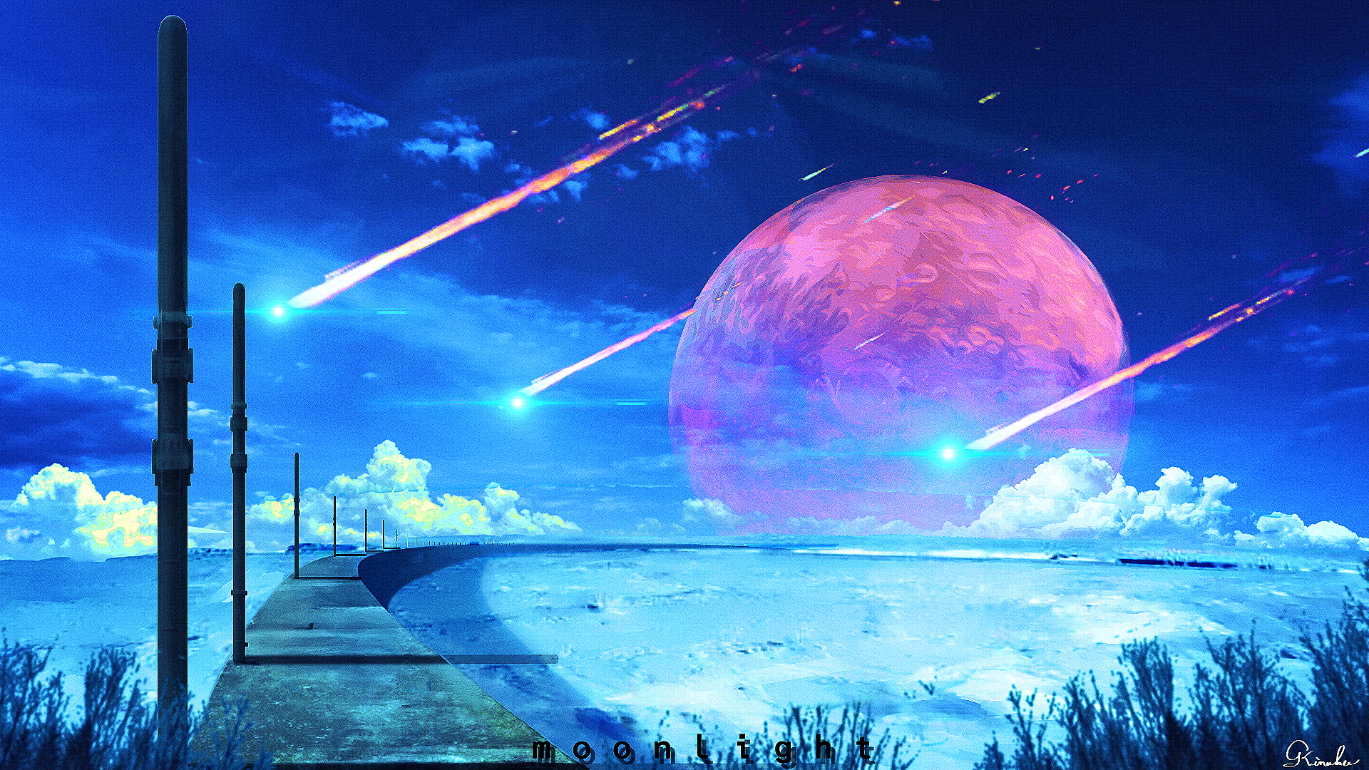 kinoko no sato, original, commentary, english commentary, highres, blue sky, bridge, cloud, landscape, meteor, moon, no humans, outdoors, scenery, sky