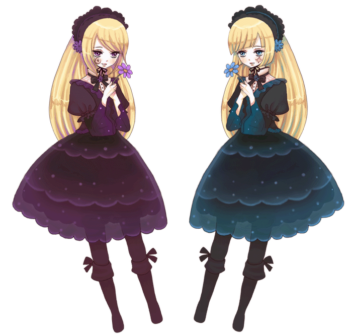 pinkmm, hortense (sound horizon), violette (sound horizon), roman (sound horizon), sound horizon, 2girls, blonde hair, flower, gothic lolita, lolita fashion, long hair, multiple girls, siblings, symmetry, twins