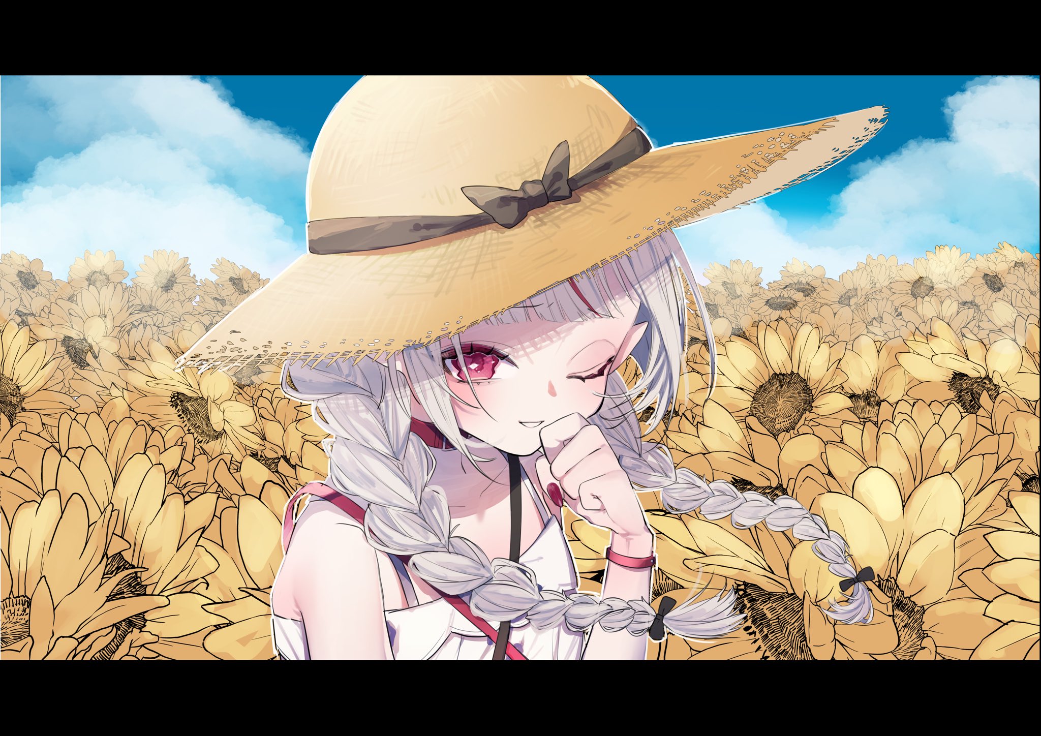 makaino ririmu, makaino ririmu (3rd costume), nijisanji, highres, 1girl, black border, border, bracelet, braid, brown hair, choker, day, dress, field, flower, flower field, hat, jewelry, letterboxed, long hair, looking at viewer, nail polish, nekozaki (nkzk 2), official alternate costume, one eye closed, outdoors, pink eyes, pointy ears, sky, solo, straw hat, sundress, sunflower, sunflower field, twin braids, upper body, virtual youtuber, white dress