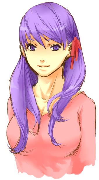 reona, matou sakura, fate/stay night, fate (series), bad id, bad pixiv id, 00s, aged up, purple eyes, purple hair, sketch, smile, solo