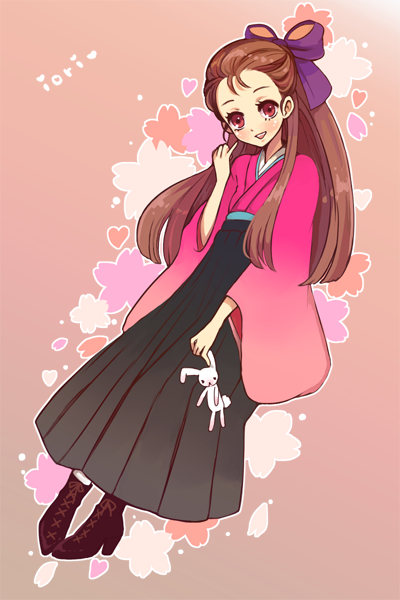 pinkmm, minase iori, idolmaster, idolmaster (classic), idolmaster 1, bad id, bad pixiv id, 00s, 1girl, boots, brown hair, female focus, hair ribbon, hakama, hakama skirt, high heel boots, high heels, japanese clothes, kimono, lace-up boots, long hair, meiji schoolgirl uniform, pink theme, rabbit, red eyes, ribbon, skirt, solo, stuffed animal, stuffed rabbit, stuffed toy