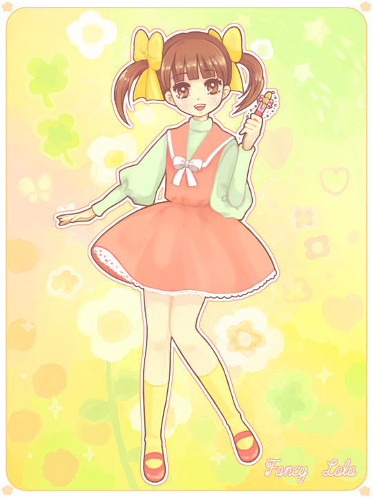 pinkmm, shinohara miho, fancy lala, bad id, bad pixiv id, 1girl, bow, brown eyes, brown hair, female focus, hair ribbon, happy, mary janes, pen, ribbon, shoes, short hair, socks, solo, twintails, yellow bow