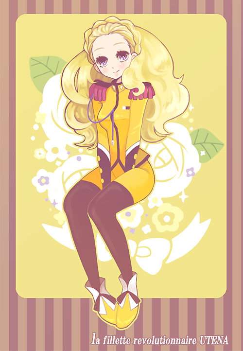pinkmm, kiryuu nanami, shoujo kakumei utena, 1990s (style), 1girl, aiguillette, blonde hair, female focus, long hair, retro artstyle, sitting, smile, solo, thighhighs