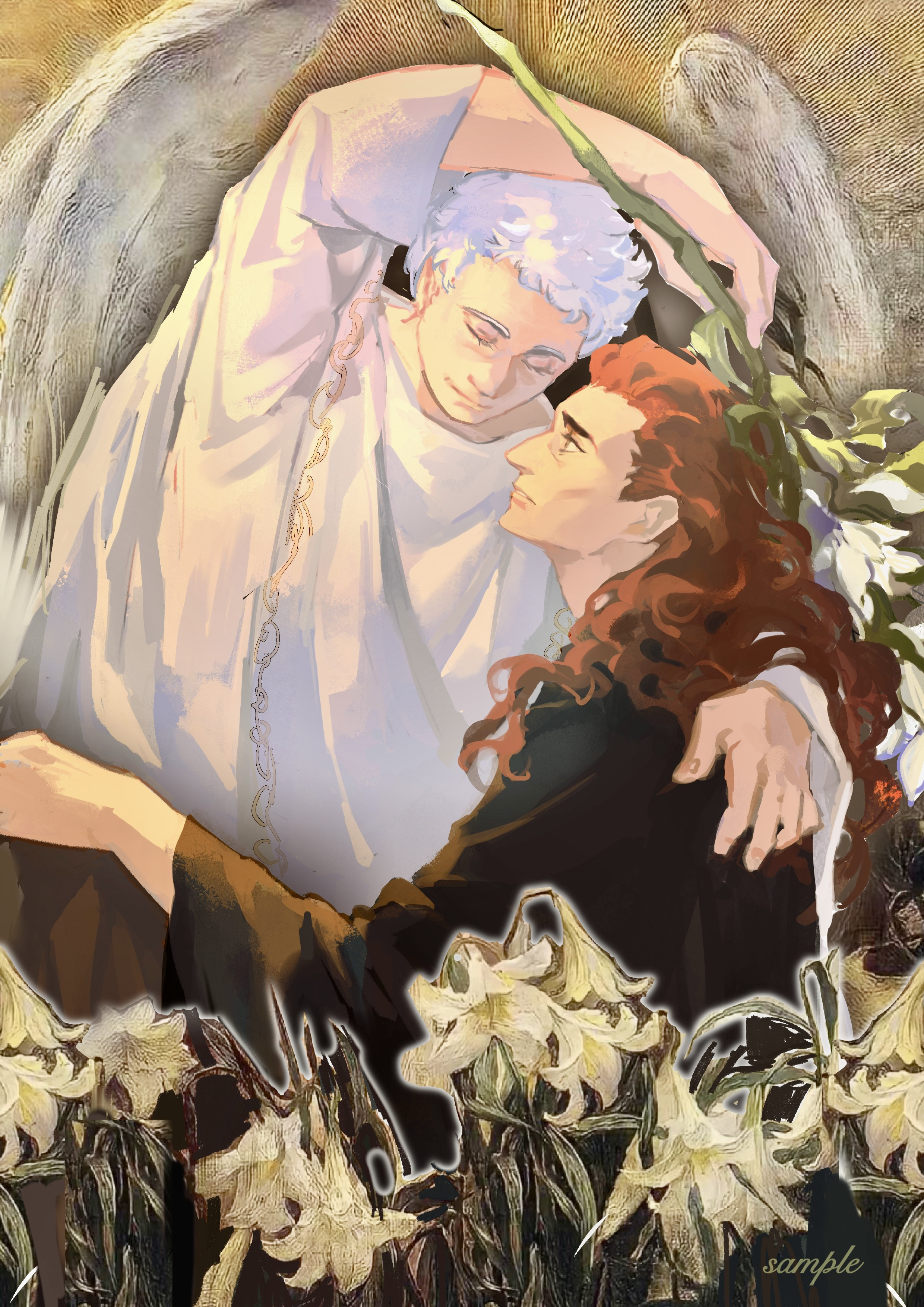 aziraphale (good omens), crowley (good omens), good omens, absurdres, highres, 2boys, angel, black robe, blue eyes, bushisetushimaomao, demon boy, male focus, multiple boys, red hair, robe, white hair, yellow eyes