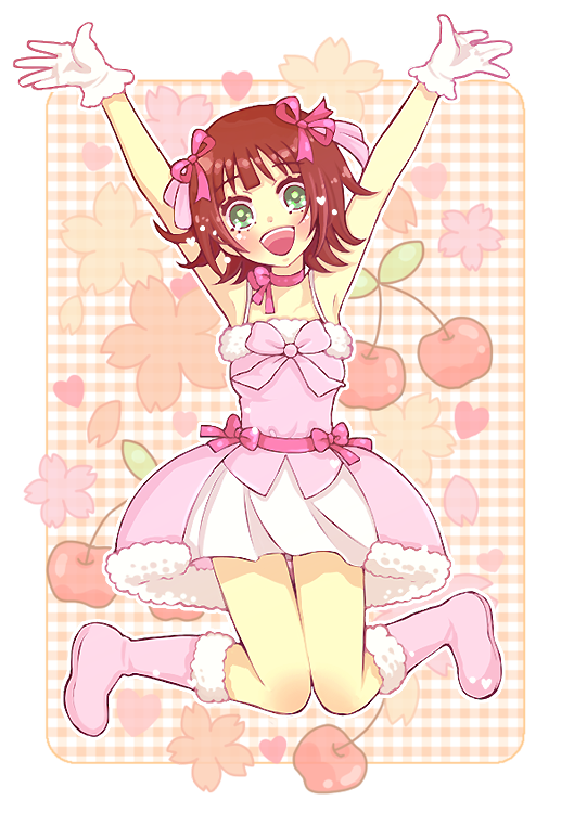 pinkmm, amami haruka, idolmaster, idolmaster (classic), idolmaster 1, bad id, bad pixiv id, 00s, brown hair, cute & girly (idolmaster), gloves, green eyes, happy, jumping, legs, short hair, solo