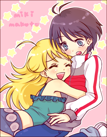 pinkmm, hoshii miki, kikuchi makoto, idolmaster, idolmaster (classic), idolmaster 1, lowres, 00s, 2girls, antenna hair, black hair, blonde hair, blue eyes, blush, closed eyes, green shirt, hug, long hair, multiple girls, pink theme, shirt, short hair, take it home, tomboy