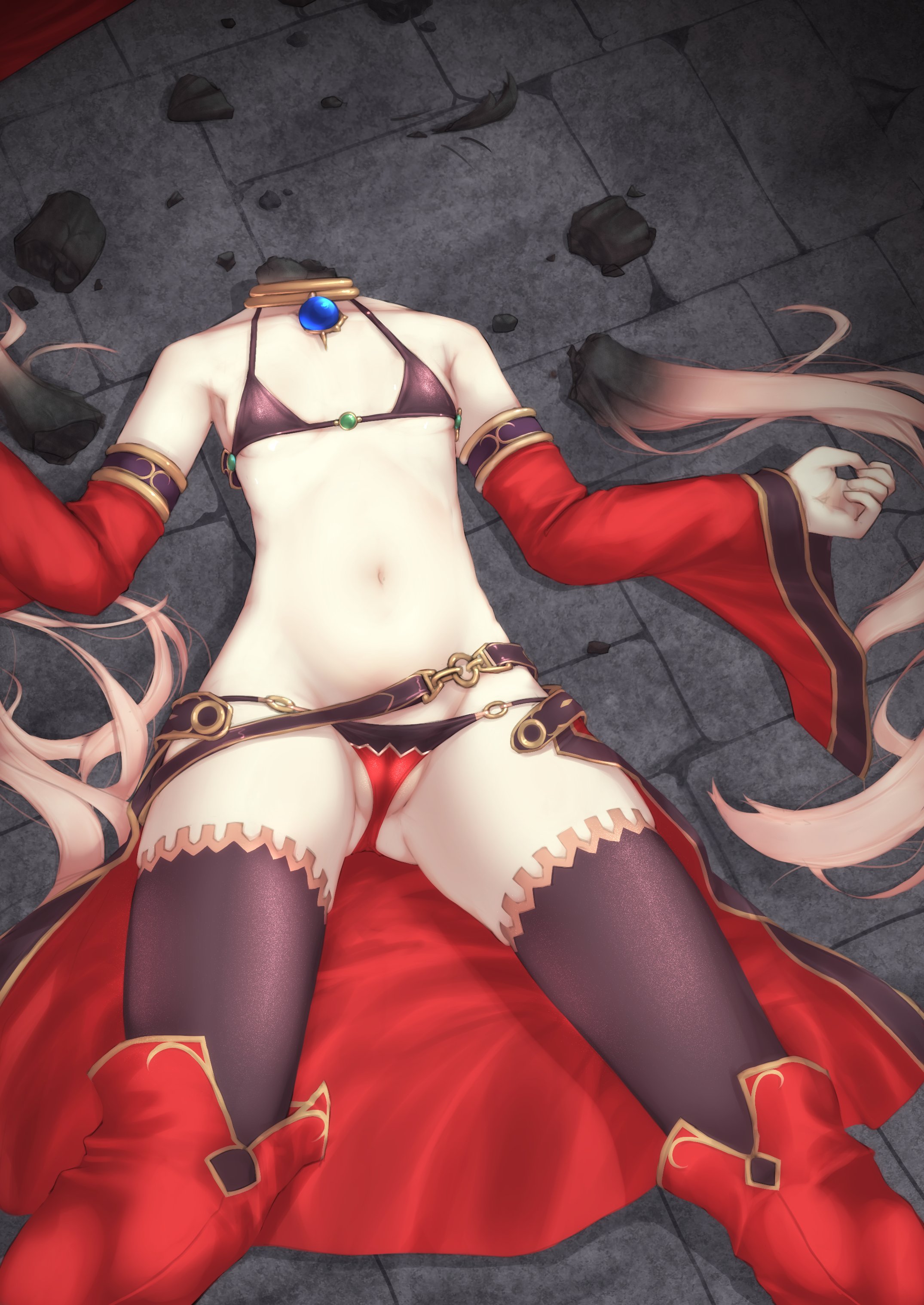 gini university, ladis (iris mysteria!), iris mysteria!, absurdres, highres, 1girl, bare shoulders, belt, bikini, black bikini, black thighhighs, blonde hair, boots, breasts, cameltoe, corpse, crack, death, destruction, detached sleeves, gem, gluteal fold, gold trim, groin, headless, jewelry, long hair, lying, multicolored bikini, navel, neck ring, on back, on floor, petrification, red bikini, red boots, red sleeves, small breasts, solo, stomach, stone floor, swimsuit, thighhighs, tile floor, tiles, twintails, waist cape, wide sleeves