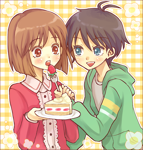 pinkmm, hagiwara yukiho, kikuchi makoto, idolmaster, idolmaster (classic), idolmaster 1, bad id, bad pixiv id, 00s, 2girls, antenna hair, black hair, blue eyes, blush, bob cut, brown eyes, brown hair, cake, dessert, food, fruit, multiple girls, pastry, short hair, strawberry, sweets, yukimako