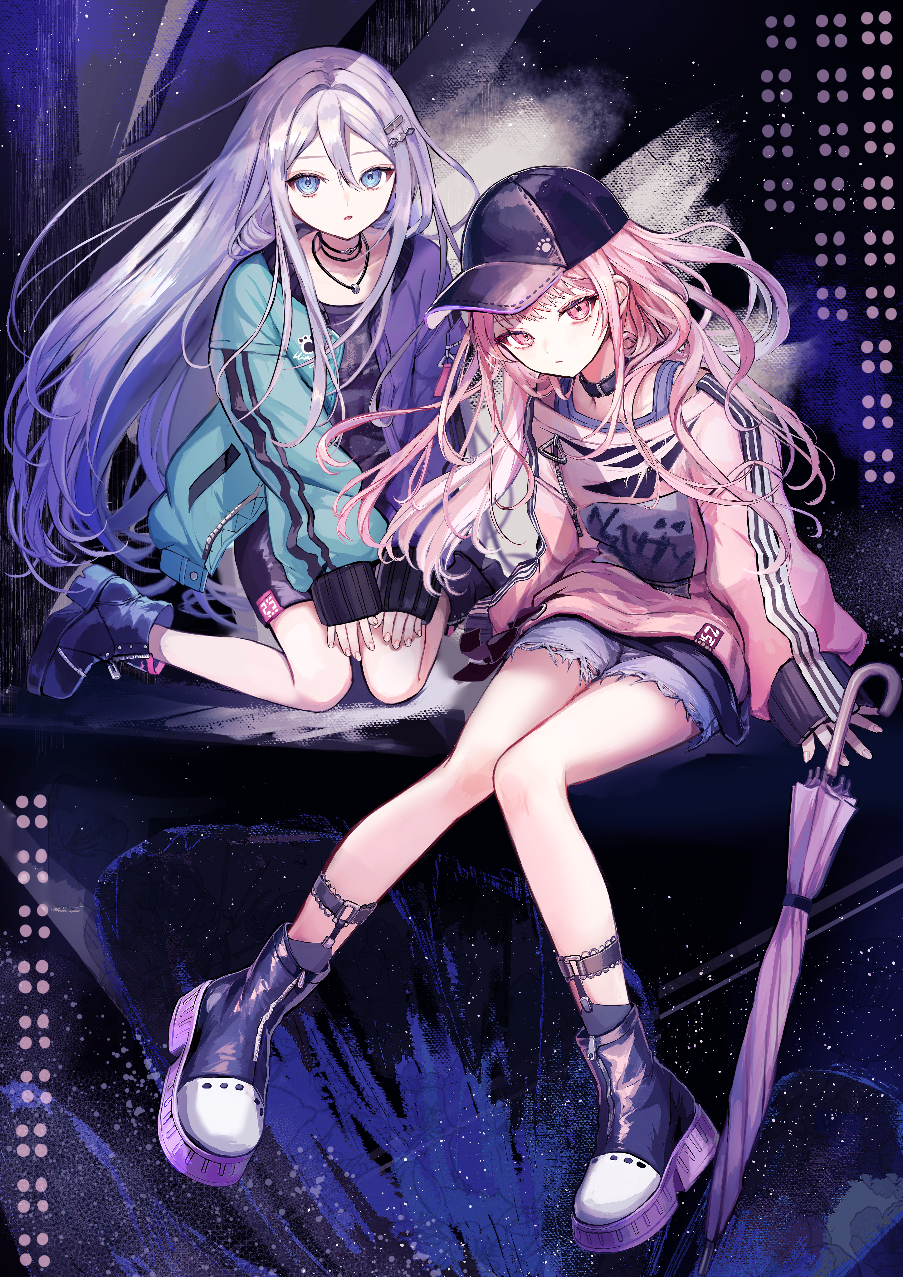pipi (pipinavigation), akiyama mizuki, yoisaki kanade, project sekai, absurdres, commentary request, highres, 1girl, 1other, :o, ankle boots, aqua jacket, arm support, bare legs, bare shoulders, baseball cap, black background, black boots, black choker, black hat, black shirt, black shorts, blue eyes, bokutachi no seizon tousou (project sekai), boots, choker, closed mouth, closed umbrella, denim, denim shorts, double-parted bangs, double vertical stripe, full body, grey hair, grey tank top, hair between eyes, hair ornament, hat, high heel boots, high heels, jacket, jewelry, kneeling, knees together feet apart, legwear garter, light particles, long hair, long legs, long sleeves, looking at viewer, necklace, off-shoulder shirt, off shoulder, official alternate costume, official alternate hairstyle, open clothes, open jacket, open mouth, pigeon-toed, pink shirt, platform boots, puffy long sleeves, puffy sleeves, purple jacket, purple umbrella, sekai symphony, shirt, short shorts, shorts, simple background, sitting, sleeves past wrists, straight hair, tank top, umbrella, very long hair