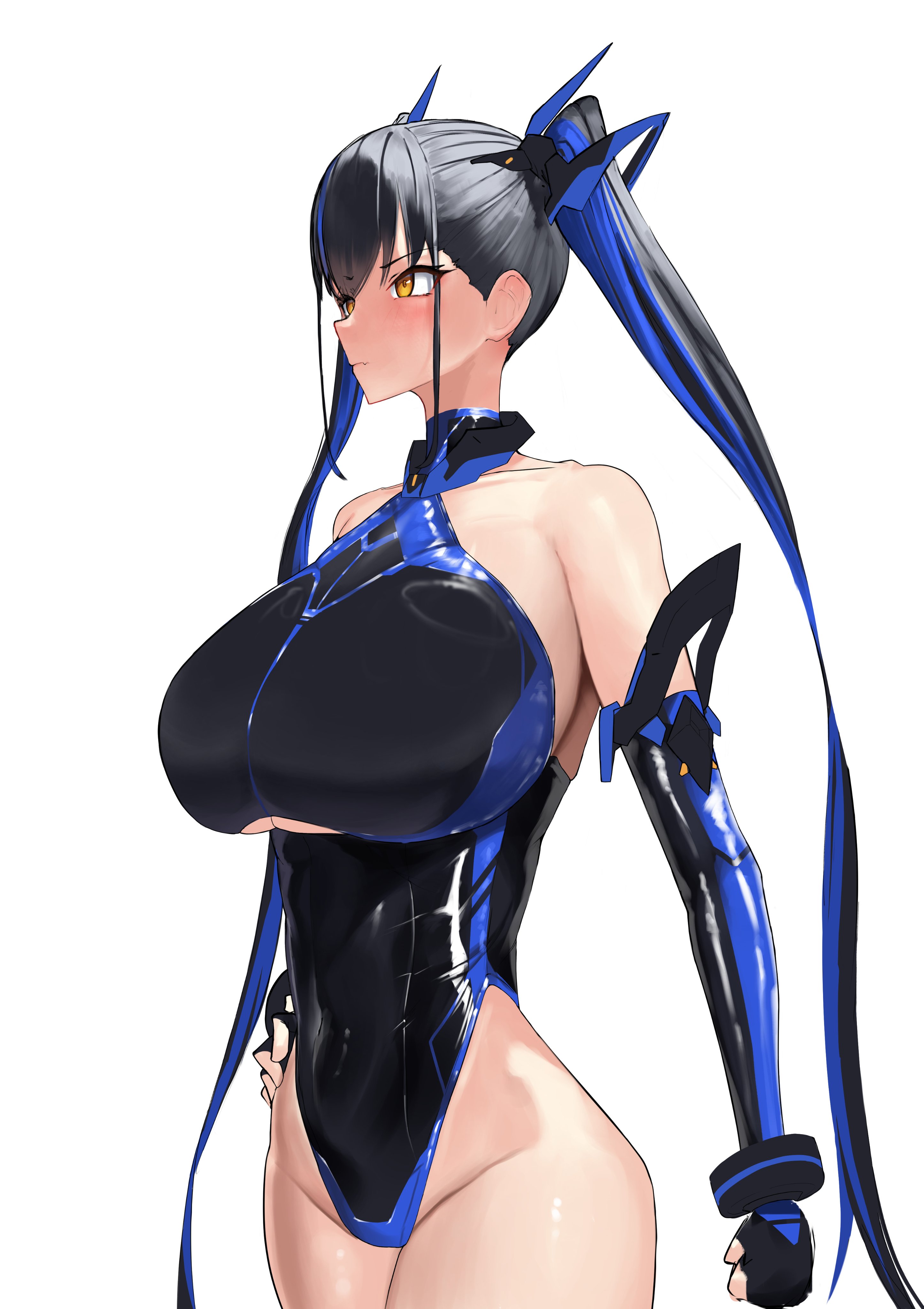 nandarobium, original, absurdres, highres, 1girl, black hair, blue hair, blush, breasts, clothing cutout, cowboy shot, elbow gloves, fingerless gloves, gloves, highleg, highleg leotard, huge breasts, impossible clothes, impossible leotard, leotard, long hair, skin tight, skindentation, solo, stomach, twintails, two side up, underboob, underboob cutout, yellow eyes