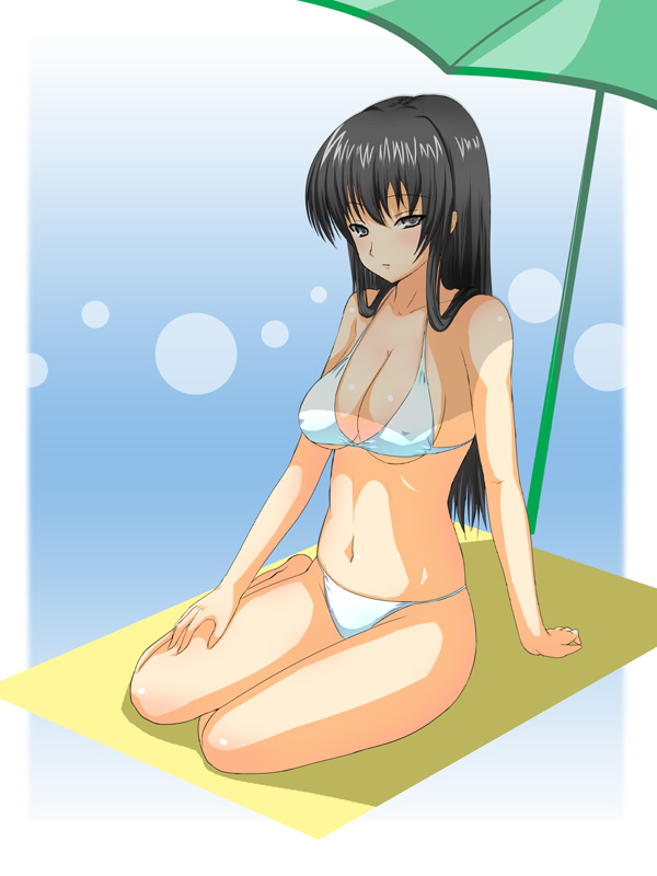 shima-shuu, 1girl, bikini, black hair, breasts, cleavage, female focus, long hair, solo, swimsuit