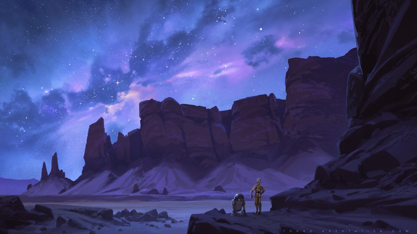 sylvain sarrailh, astromech droid, c-3po, r2-d2, star wars, highres, cliff, desert, landscape, night, outdoors, protocol droid, robot, tatooine