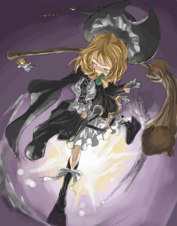 yohane, alice margatroid, kirisame marisa, touhou, 2girls, adapted costume, belt, black gloves, blonde hair, boots, braid, broom, broom riding, cape, character doll, doll, elbow gloves, embellished costume, female focus, flying, frills, full body, gloves, hat, long sleeves, multiple girls, rubber boots, short hair, single braid, standing, witch hat, yellow eyes