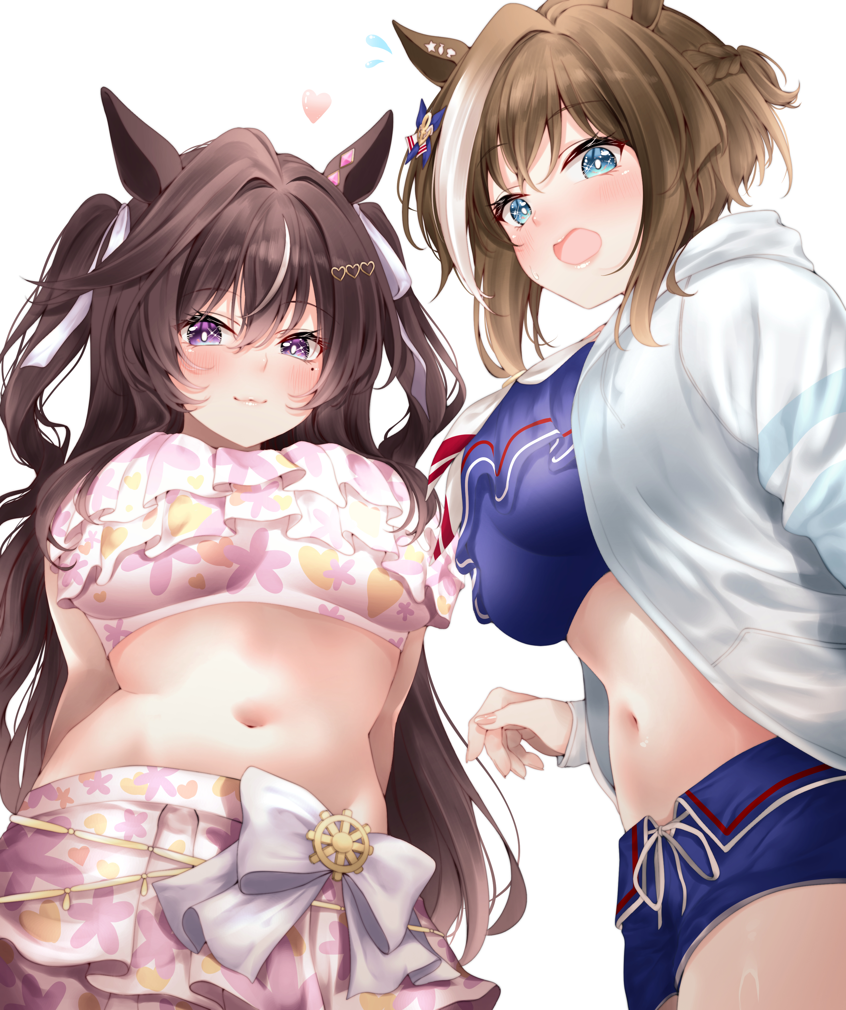 red hayao, cheval grand (summer calm navy drop) (umamusume), cheval grand (umamusume), vivlos (eclat d'ete) (umamusume), vivlos (umamusume), umamusume, absurdres, commentary request, highres, 2girls, animal ears, bikini, bikini shorts, bikini skirt, blue bikini, blue swim trunks, blush, braid, brown hair, ear ornament, floral print bikini, frilled bikini, frills, from below, half up braid, horse ears, horse girl, horse tail, long hair, looking at viewer, mole, mole under eye, multiple girls, navel, official alternate costume, official alternate hairstyle, open mouth, pink bikini, ruffle bikini, shorts, siblings, simple background, sisters, smile, swimsuit, tail, two side up, white background, white streaks