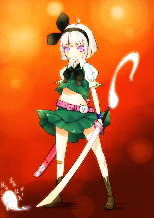 konpaku youmu, konpaku youmu (ghost), touhou, 1girl, adapted costume, ahoge, bandaid, bandaid on knee, bandaid on leg, belt, bob cut, boots, brown boots, female focus, full body, hair ribbon, hitodama, holding, holding sword, holding weapon, katana, midriff, navel, puffy short sleeves, puffy sleeves, purple eyes, ribbon, serious, short hair, short sleeves, skirt, skirt set, solo, standing, sword, weapon, white hair