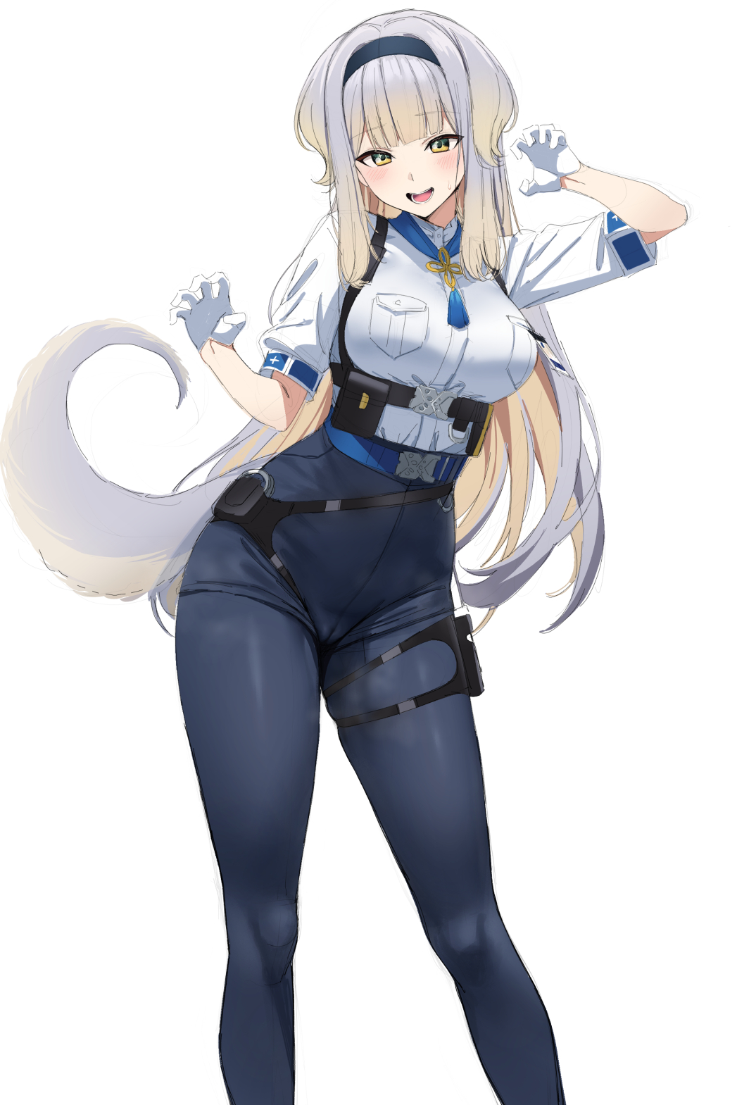 fuooooo, original, commentary request, highres, 1girl, :d, animal ears, black hairband, black pants, blush, breasts, cameltoe, feet out of frame, gloves, hair ornament, hairband, hands up, large breasts, long hair, open mouth, pants, shirt, shirt tucked in, simple background, smile, solo, standing, tail, thighs, white background, white gloves, white hair, white shirt, yellow eyes